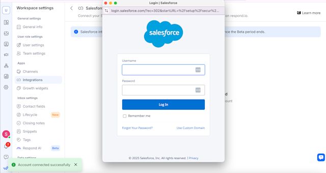 A screenshot showing the Salesforce login window