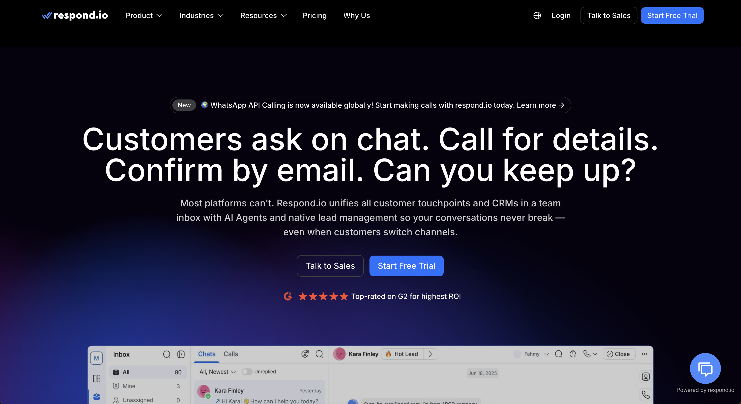 This is a screenshot of respond.io's homepage