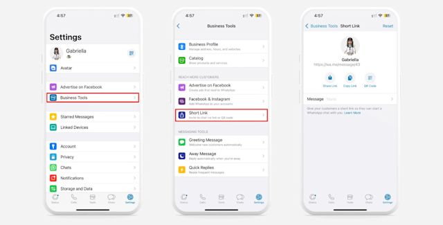 Image of 3 phone screens showing how to use WhatsApp business tools to set up short links