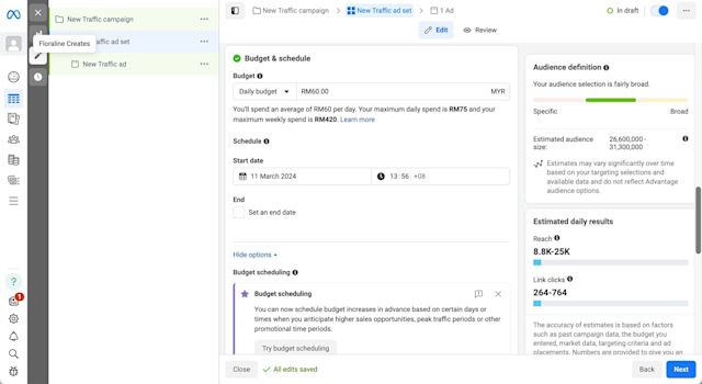 5. Set the ad budget, schedule, audience and placements. Then, click Next.