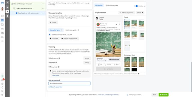 This image shows how to create click-to-messenger in the Meta Ads Manager. Add the URL parameters to track where your leads are coming from.