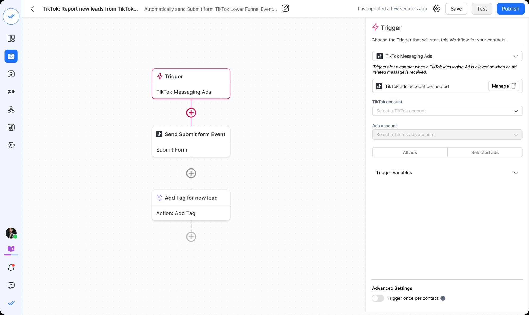 This image shows respond.io's Workflow automation builder to handle hi volumes of TikTok messages