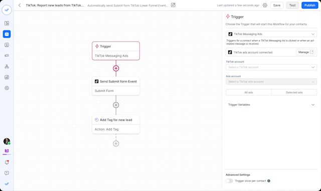 This image shows respond.io's Workflow automation builder to handle hi volumes of TikTok messages