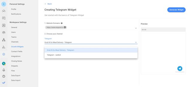 This image shows how to connect Telegram chat widget to website with respond.io.