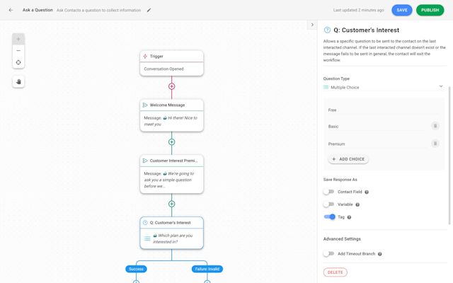 This is an image on how to ask a Multiple Choice Question. Multiple Choice Questions are like a Conversational form. They are a handy way to limit responses to a predetermined list of options. In Multiple Choice Questions, customers are required to respond with one of the options. To allow for Automated Data Capture, store the response in a Contact Field, Tag, or a Variable.