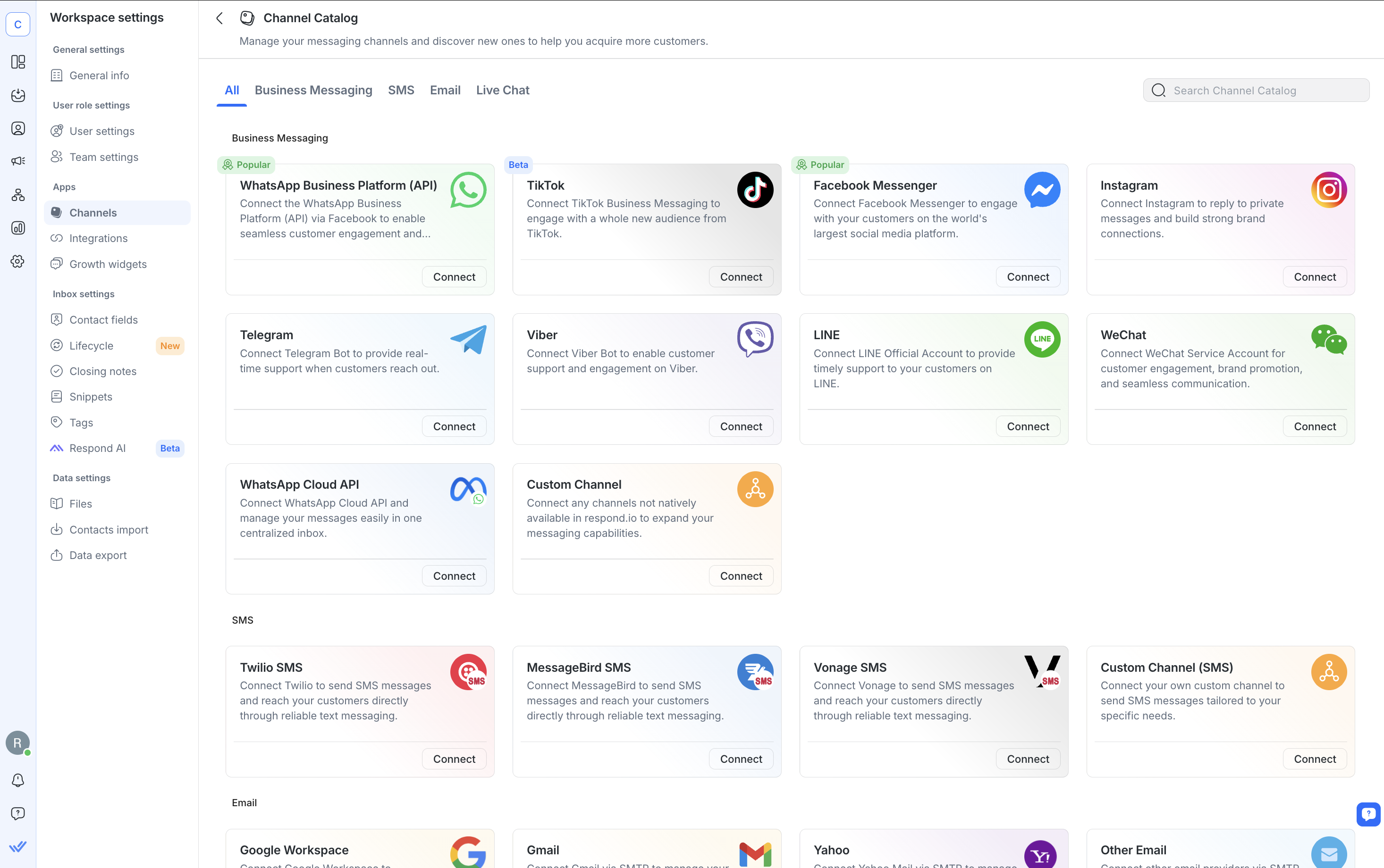 Hình ảnh hiển thị các kênh được hỗ trợ trên respond.io