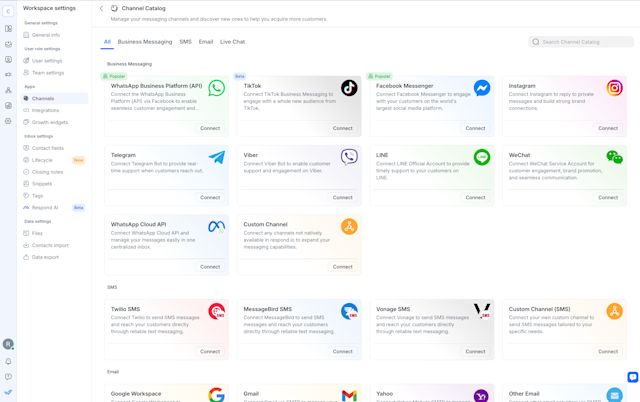 Image showing the channels supported on respond.io