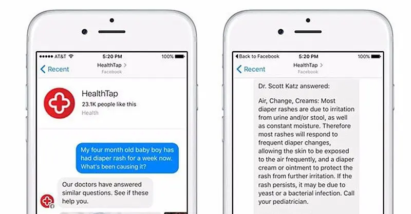 Màn hình điện thoại hiển thị HealthTap trên Facebook Messenger