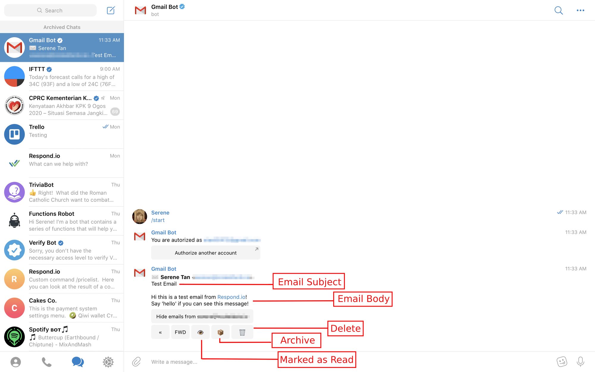 Voici à quoi ressemble le bot Gmail quand un email est reçu. Tous les courriels reçus avec le Bot Gmail apparaissent comme des messages instantanés sur Telegram.