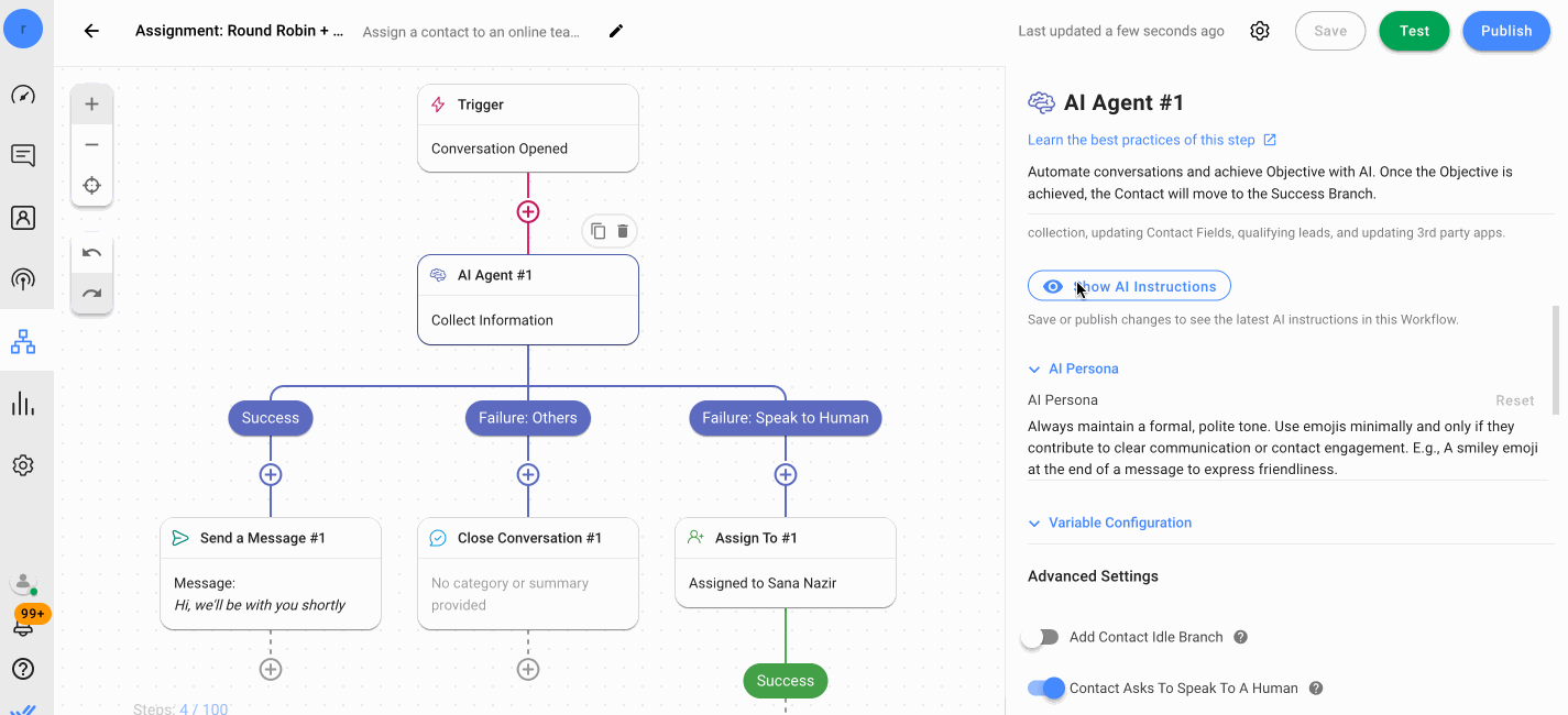 GIF che rappresenta la configurazione del flusso di lavoro degli agenti AI di respond.io. 