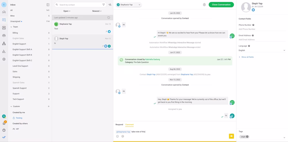 This is a screenshot to show you how to use the Comments feature. The Comments feature in respond.io allows agents to collaborate and resolve inquiries more efficiently. Alternatively, you can implement an escalation workflow to automatically escalate complex or high-priority inquiries to the right team or agent.