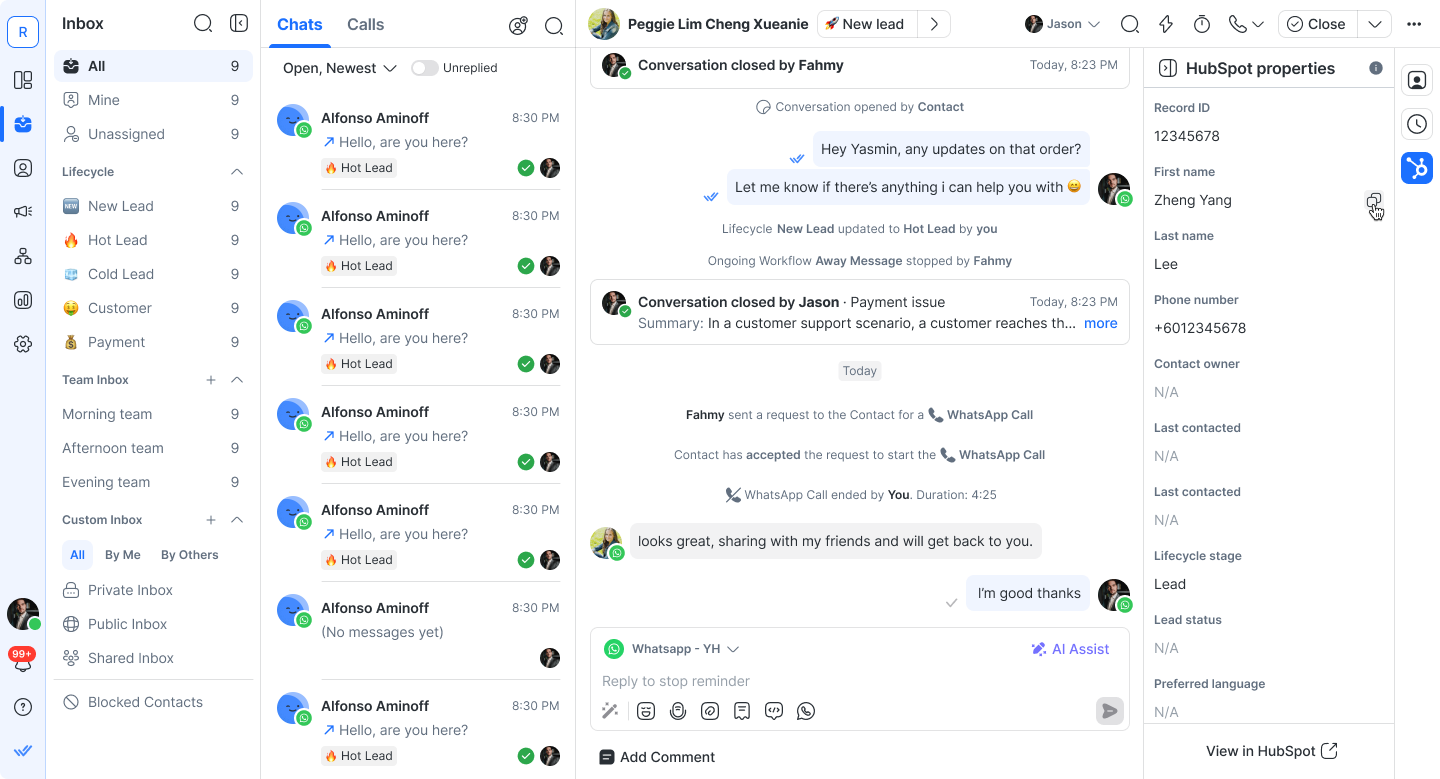 Respond.io's built-in integration with HubSpot and Salesforce