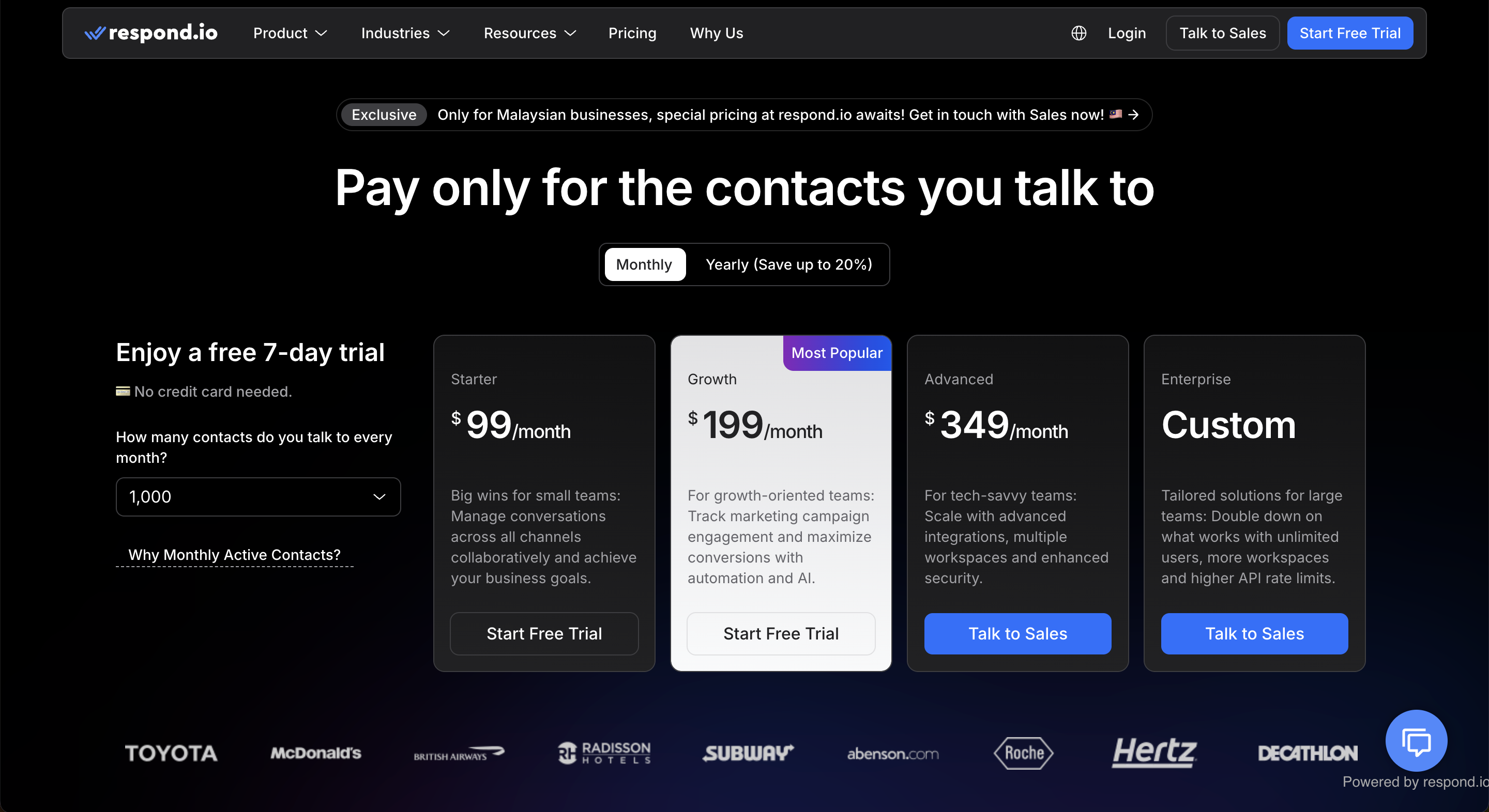 This is a screenshot of respond.io's pricing