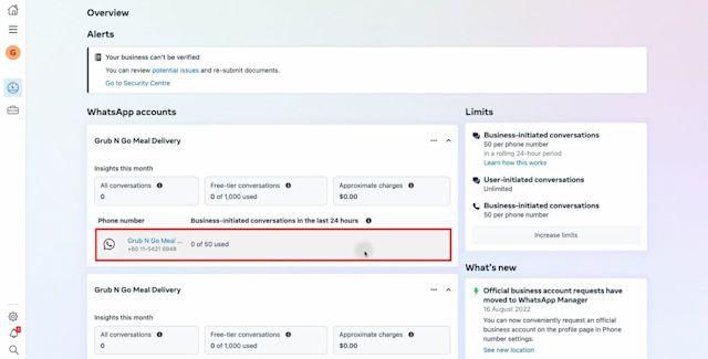 A screenshot of the Meta Business Account to select a phone number