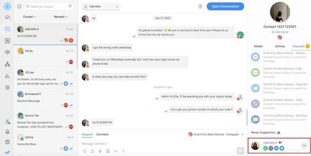 Screenshot showing how to use contact merge for Viber customer service on respond.io