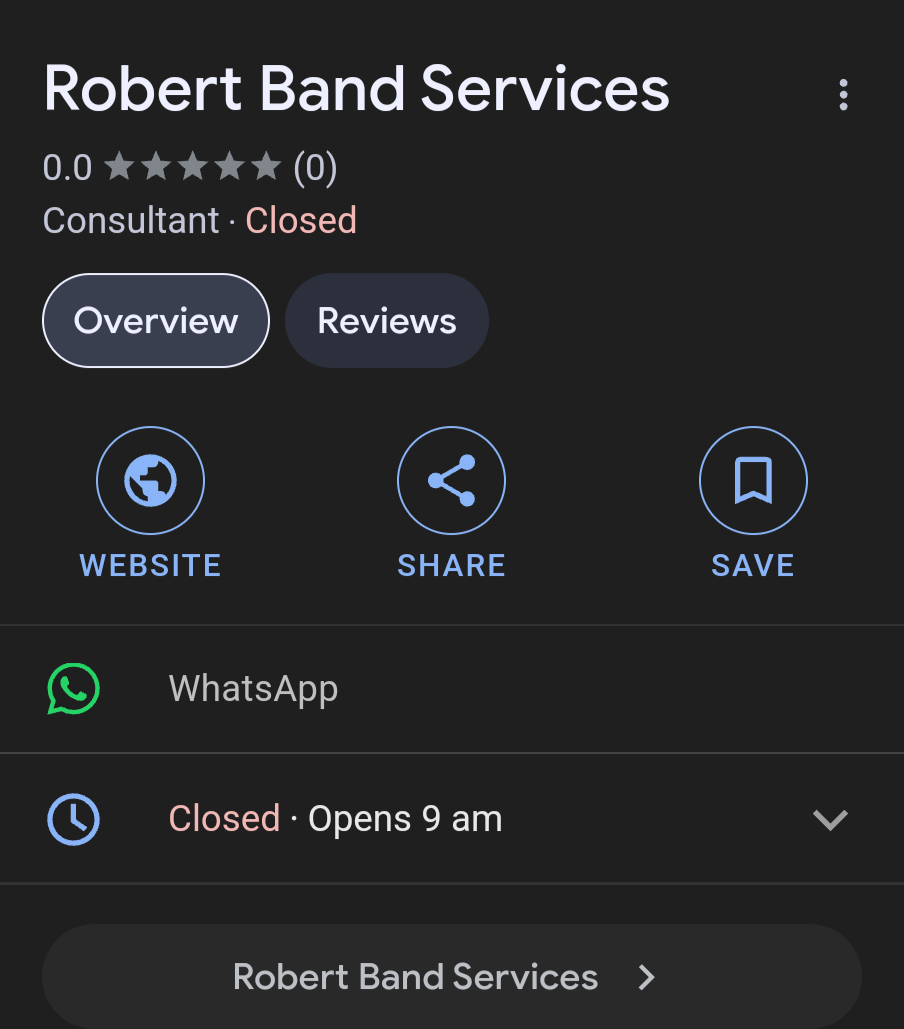ภาพหน้าจอของหน้า Google My Business พร้อมลิงก์ข้อความไปยัง WhatsApp