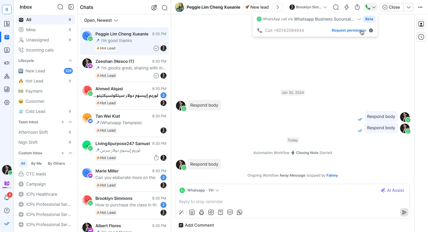Image depicting WhatsApp calling support in respond.io
