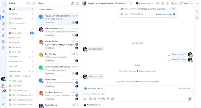 Image depicting WhatsApp calling support in respond.io