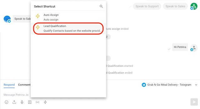 This image shows how to use the shortcut button for Telegram sales. For example, you can create a lead qualification Workflow and trigger it using the shortcut button without leaving the conversation.