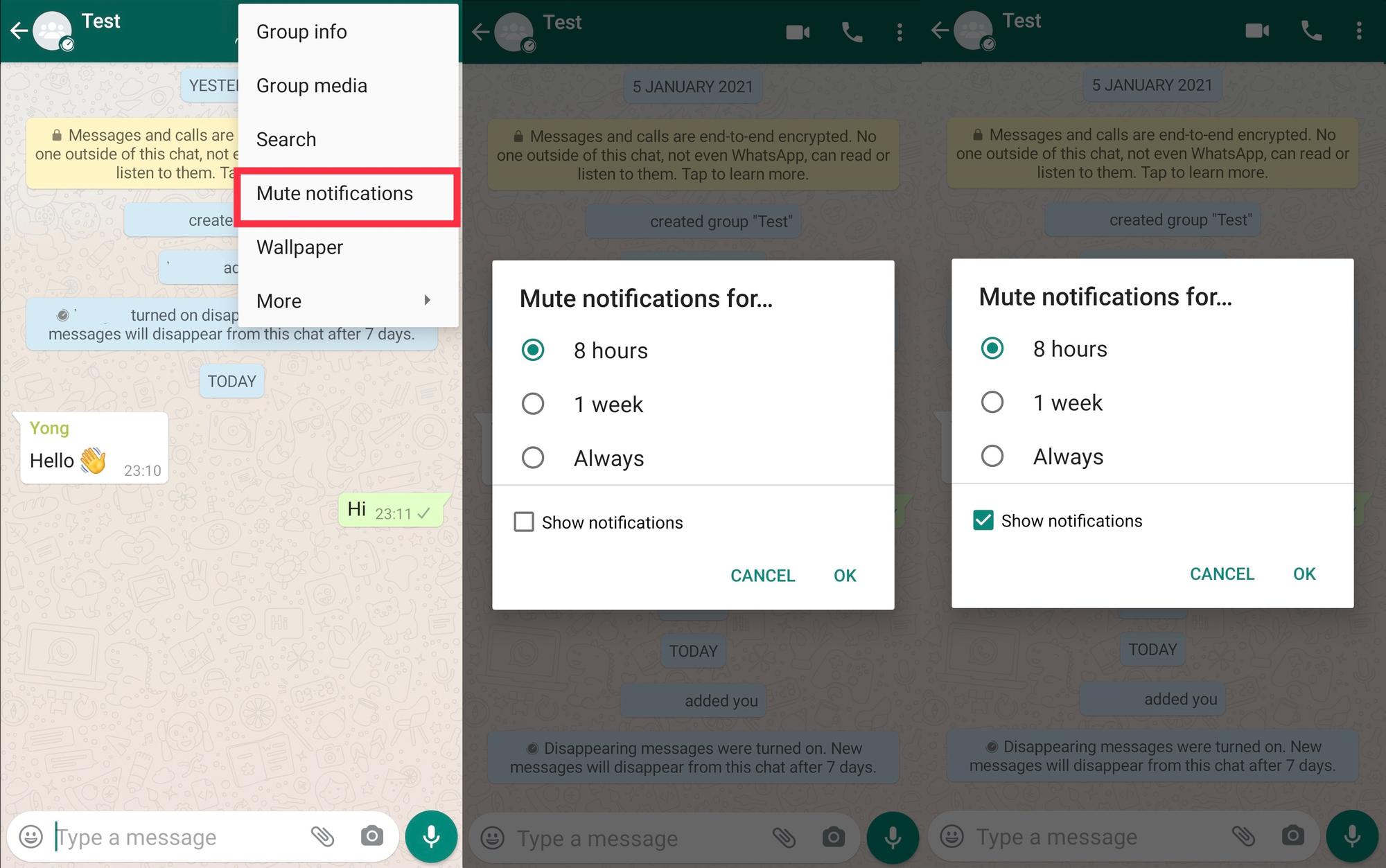 Questa immagine mostra come disattivare le notifiche in un gruppo WhatsApp. Silenzia le notifiche consente di disattivare le notifiche per qualsiasi Gruppo WhatsApp per 8 ore, un giorno o una settimana. Questa caratteristica è eccellente se si dispone di un gruppo che sta saltando in aria e avete bisogno di una pausa da esso per un po '.