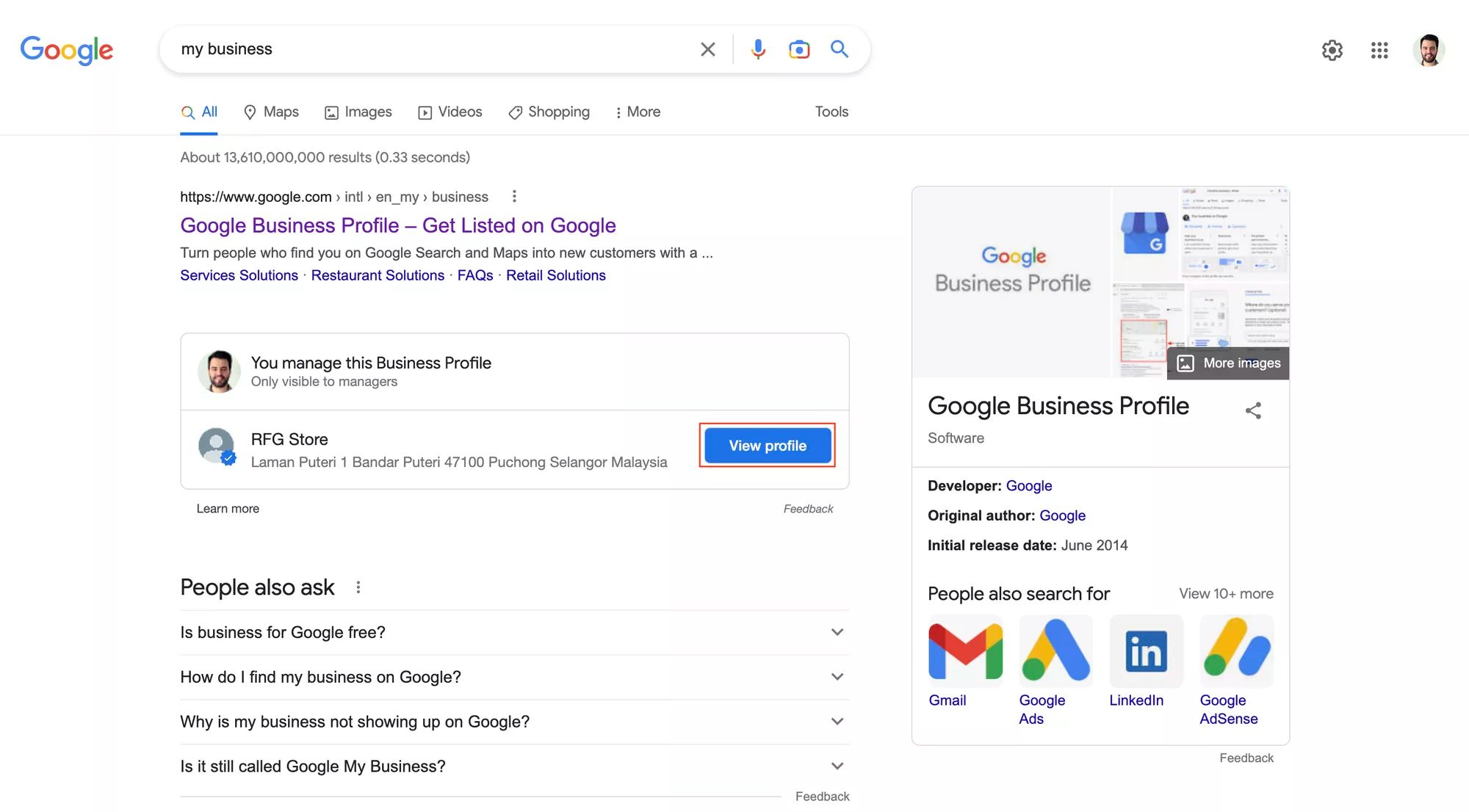 Questa immagine mostra il primo passo per aggiungere la chat del profilo di Google Business. Inizia cercando il tuo profilo Business su Google e clicca su Visualizza profilo