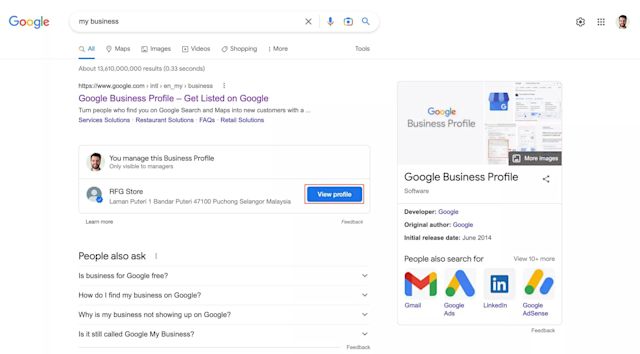 This image shows the first step to add Google Business Profile chat. Start by searching for your Business Profile on Google and click View profile