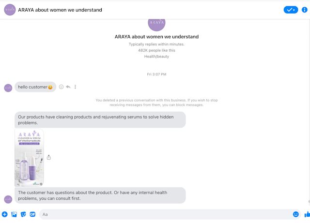 This image shows how Araya gives customers consultations via Facebook Messenger