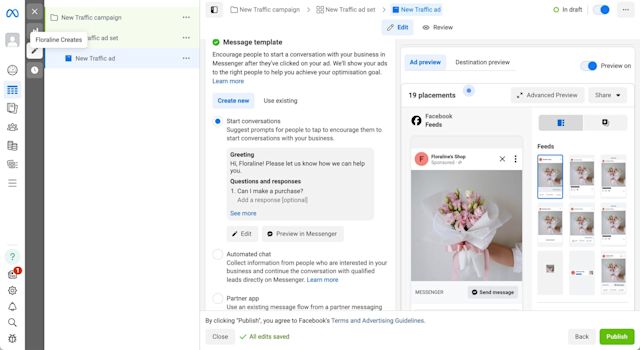 9. Create a message template based on your goals. To greet customers with a welcome message and display a list of FAQs, use the Start Conversation template. To collect information for lead qualification, appointment booking and more, use the Automated chat template.