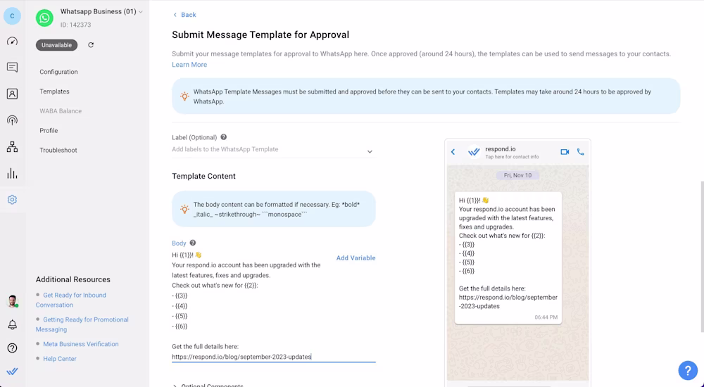 This image shows the message template creation process using respond.io.