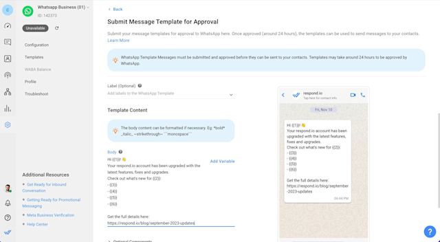 This image shows the message template creation process using respond.io.