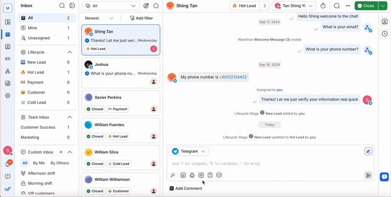 screenshot showing how to update a customer's lifecycle stage in respond.io