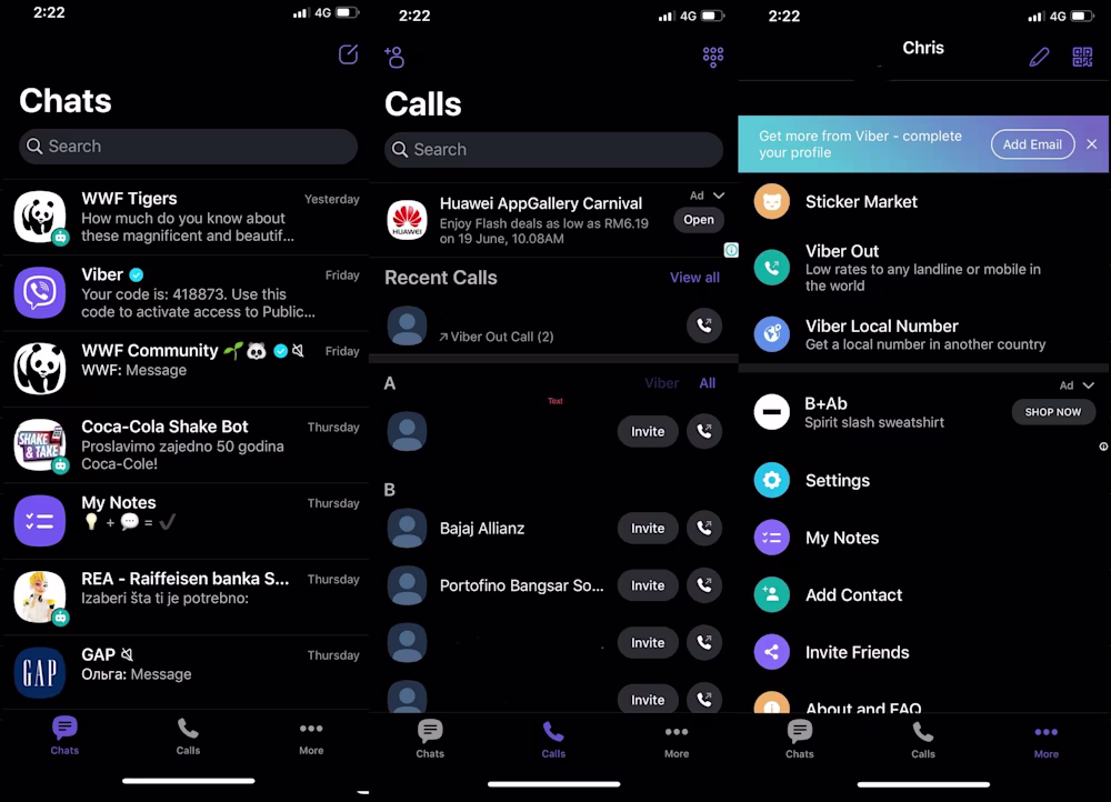 There are three main panels in the Viber app. The Chats panel contains conversations with contacts, Viber Bots, and Viber Communities. Like Facebook Messenger, ads will occasionally be shown in the chats list.