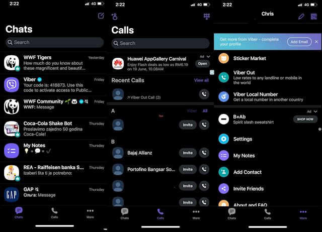 There are three main panels in the Viber app. The Chats panel contains conversations with contacts, Viber Bots, and Viber Communities. Like Facebook Messenger, ads will occasionally be shown in the chats list.