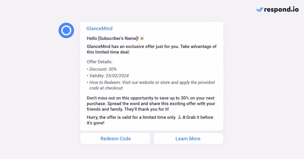 This image shows an example of newsletter WhatsApp for exclusive offers. Deliver exclusive offers and promotions directly to your subscribers' WhatsApp inboxes. Create a sense of urgency and exclusivity by offering limited-time deals, discounts, or special perks. Drive conversions and boost customer loyalty with irresistible offers.