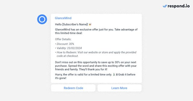 This image shows an example of newsletter WhatsApp for exclusive offers. Deliver exclusive offers and promotions directly to your subscribers' WhatsApp inboxes. Create a sense of urgency and exclusivity by offering limited-time deals, discounts, or special perks. Drive conversions and boost customer loyalty with irresistible offers.