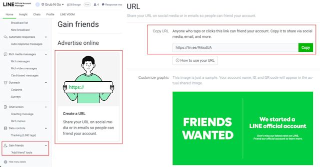 An image showing how to get line link with official account manager. 