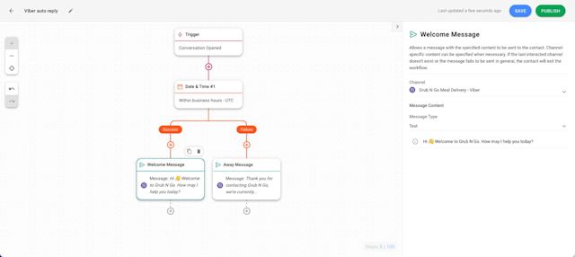 This is a screenshot that describes the fifth step of setting viber auto reply bot. Now, it's time to draft your messages for both welcome message and away message.