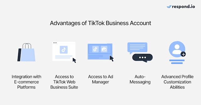 An image of icons showcasing the advantages of TikTok Business Account vs Personal Account including integration with e-commerce platforms, access to TikTok Web Business Suite and ad manager, auto-messaging and advanced profile customization