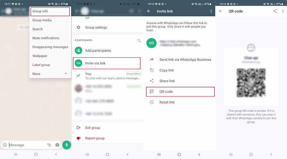 This image shows you how to invite people to your group chat with a qr code. Open the group chat, go to settings, group info, share via link and qr code. A qr code for your group chat will be generated