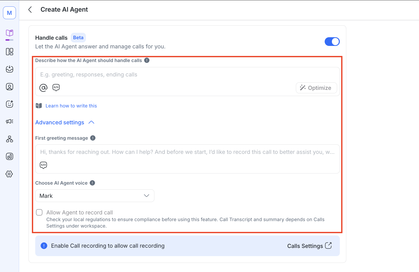Image depicting how to set more specific settings to your Voice AI Agent on respond.io.
