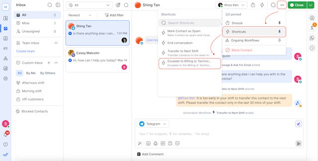 Unlike Sleekflow, respond.io allows managers to create workflows for tasks like shift transfers, case escalations, CRM data syncs, and feedback collection, enabling agents to execute them with one click.