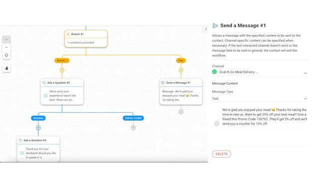 Screenshot of using respond.io workflow tools for WhatsApp marketing. Satisfied customers can help with your WhatsApp outreach by sending a promo code to their friends. 