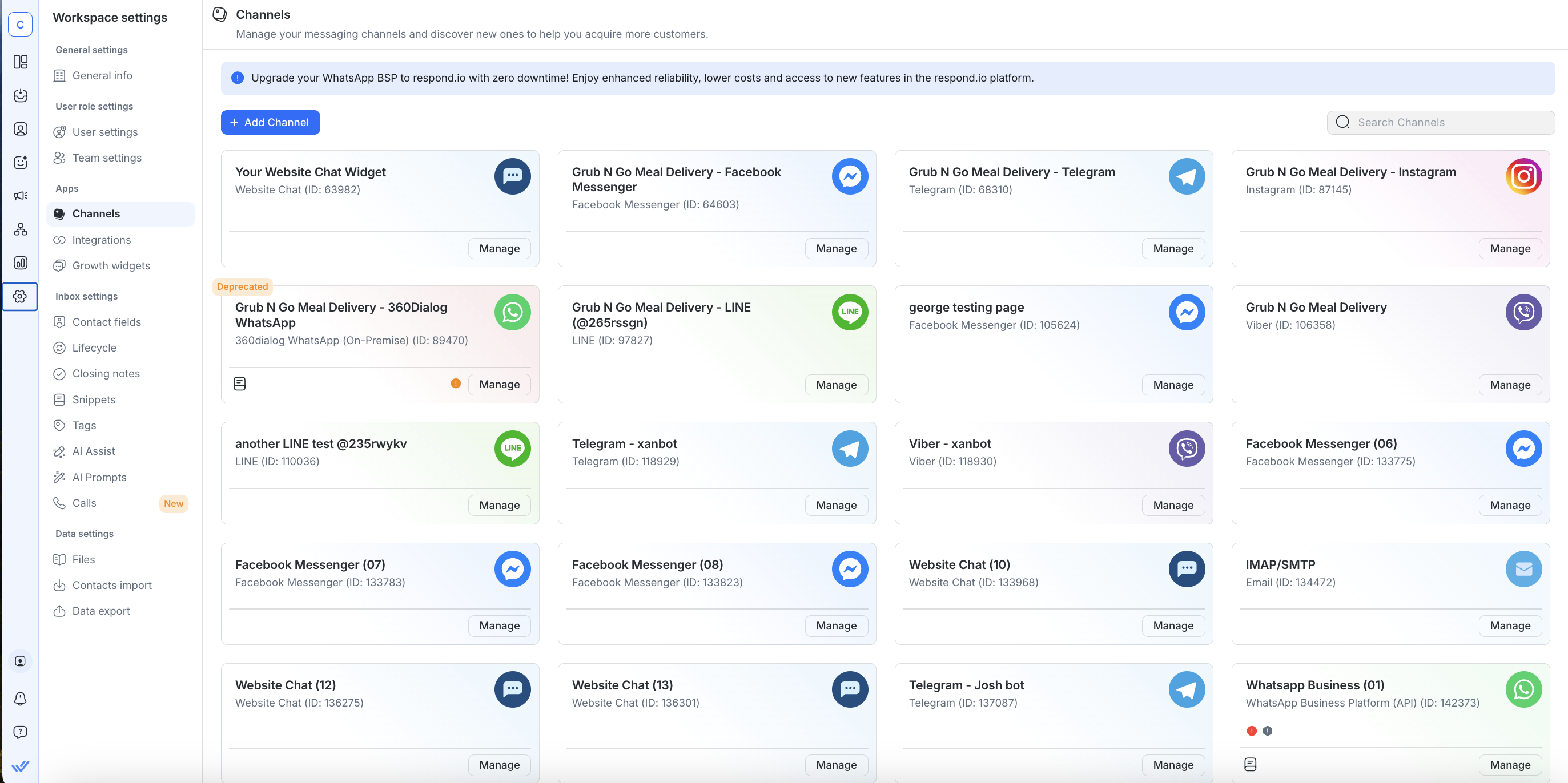 Screenshot showing the channels that respond.io, an omnichannel Instagram chatbot, has available