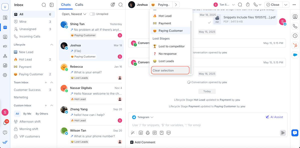 screenshot showing how to update a customer lifecycle stage in respond.io