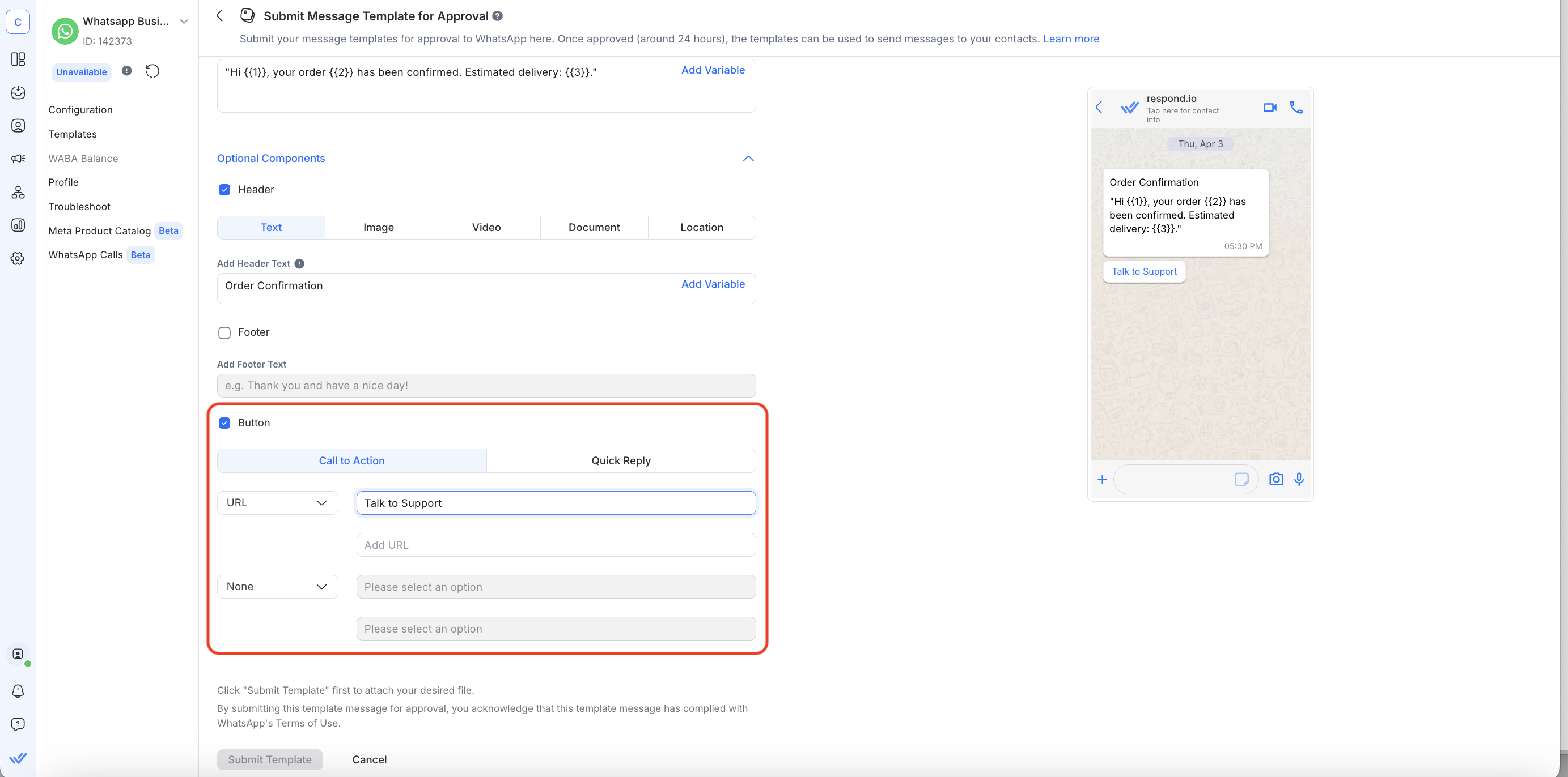 This image shows how to submit a Template WhatsApp message with respond.io. Add a call-to-action button or a quick reply button.