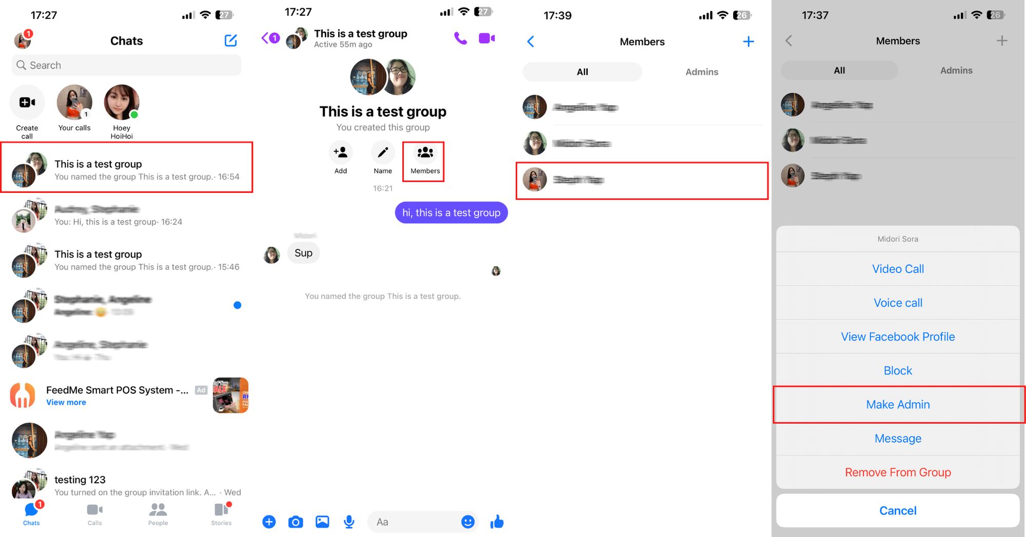 Esta é uma imagem que descreve como adicionar um administrador ao chat em grupo. Abra as conversas do grupo, clique em membros, selecione o membro que deseja adicionar como administrador e finalmente clique em fazer administrador. 