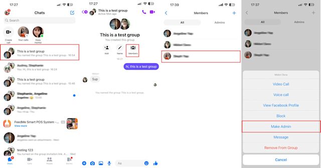 This is an image that describes how to add an admin to your group chat. Open the group conversations, click members, select the member you want to add as an admin and finally click make admin. 