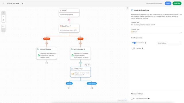 This is a screenshot that shows the last step to setting up auto response messages on respond.io. Add the Ask a Question Step to get hold of customers’ information so you can contact them when you’re back online.