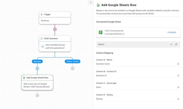 Image showing how to transfer the customer satisfaction ratings to a Google Sheet using respond.io