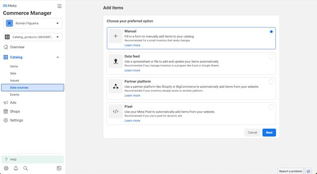 This image shows how to add items to your WhatsApp Catalogue Manager on Meta Commerce Manager. On the left column, click Catalog > Data sources and select your preferred option.